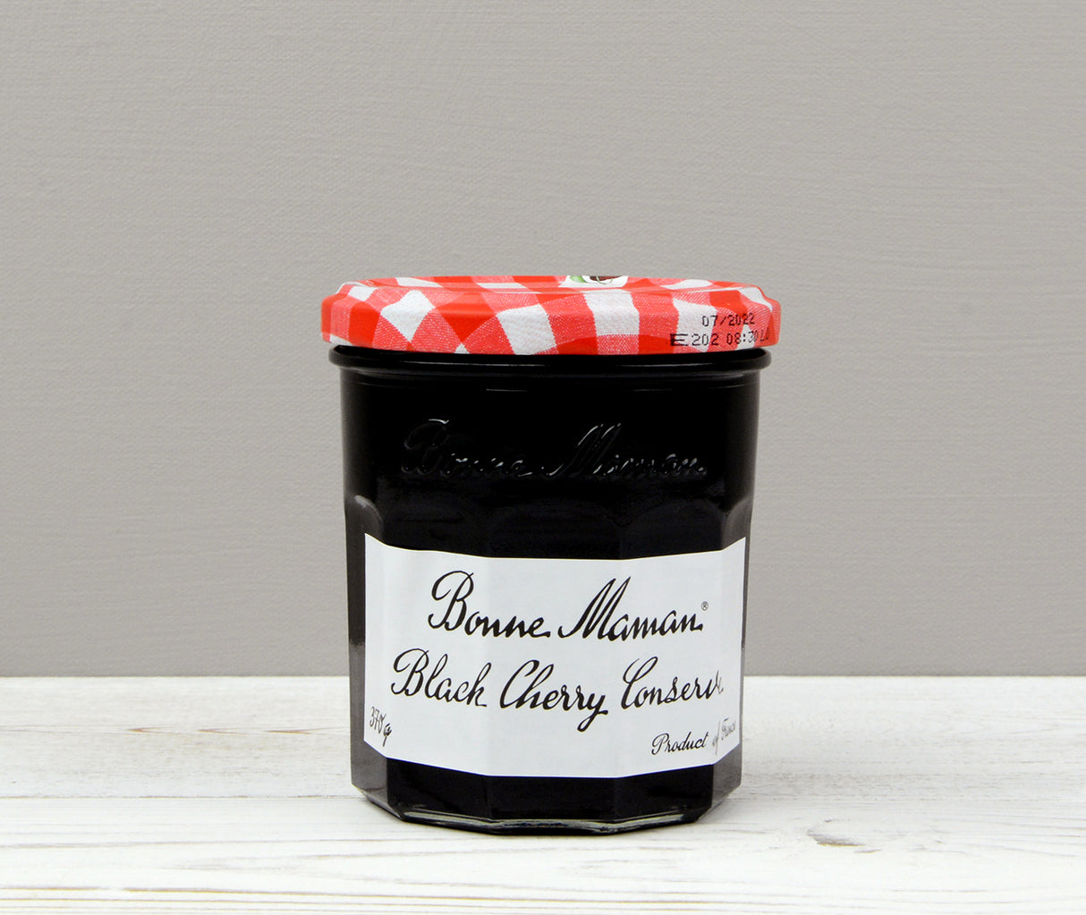 Bonne Maman Black Cherry Jam in a jar with a red and white lid perfect for your Home Fruit Box