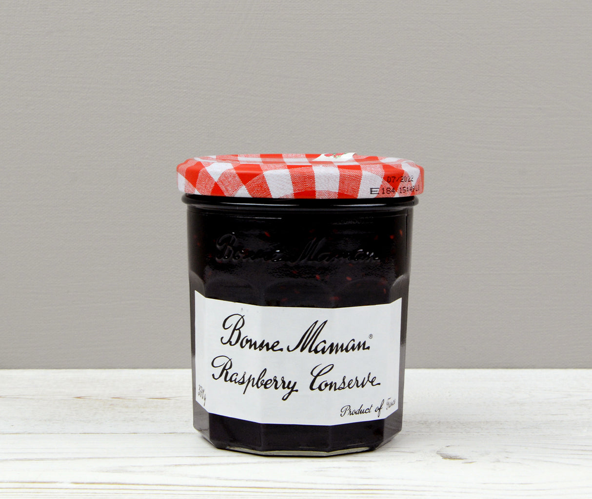 Bonne Maman Raspberry Jam in a jar with a red and white lid perfect for your Home Fruit Box