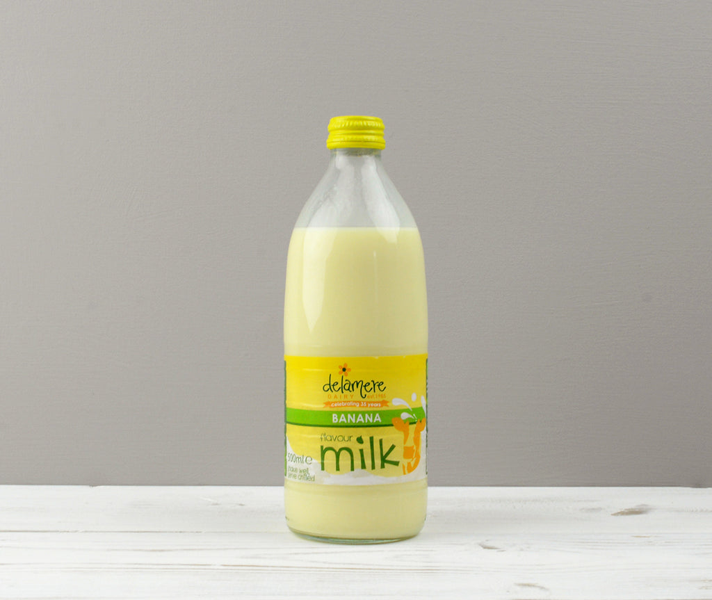 One 500ml yellow bottle of Delamere Banana milk ready for Home Delivery