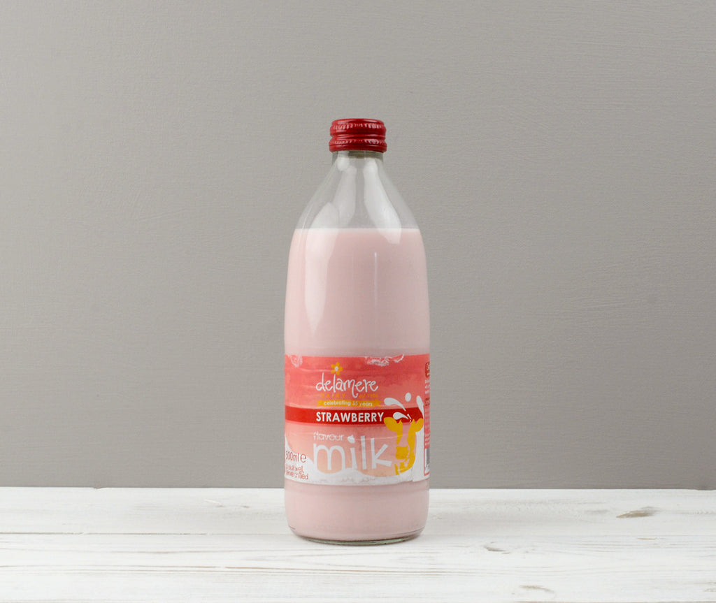 One 500ml red bottle of Delamere Strawberry milk ready for Home Delivery