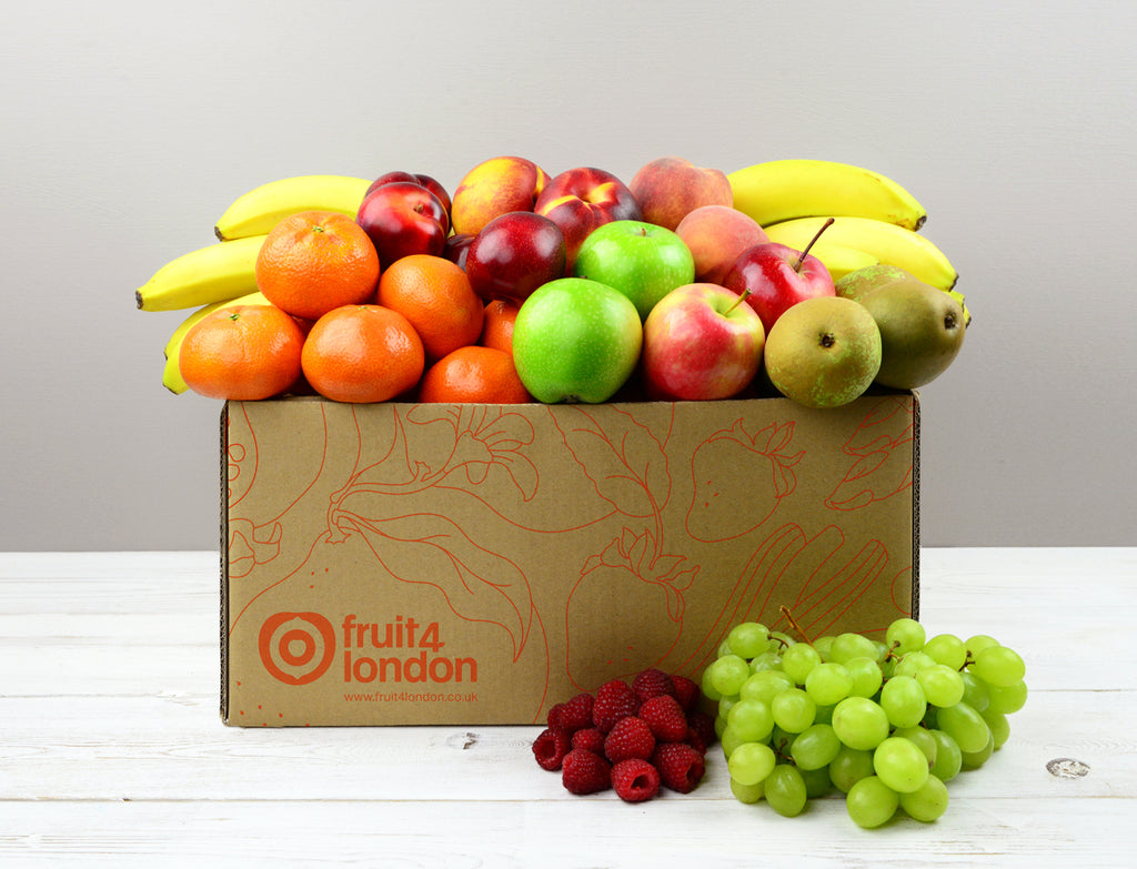 Office Fruit Box Plus containing apples, bananas, pears, clementimes or satsumas and seasonal fruit