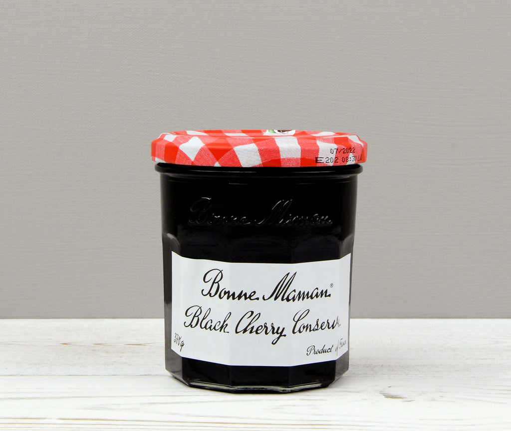 Bonne Maman Black Cherry Jam in a jar with a red and white lid perfect for your Home Fruit Box