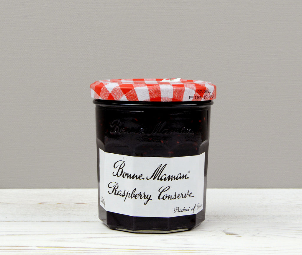 Bonne Maman Raspberry Jam in a jar with a red and white lid  perfect for your Home Fruit Box