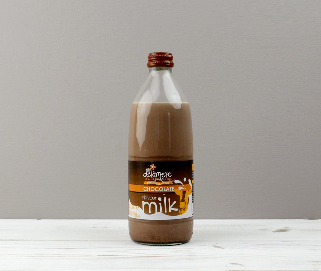 One 500ml brown bottle of Delamere Chocolate milk ready for Home Delivery